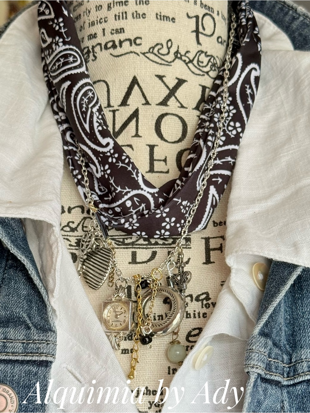 AMERICANA + Black paisley bandanna charms  necklace - Picture 6 of 13